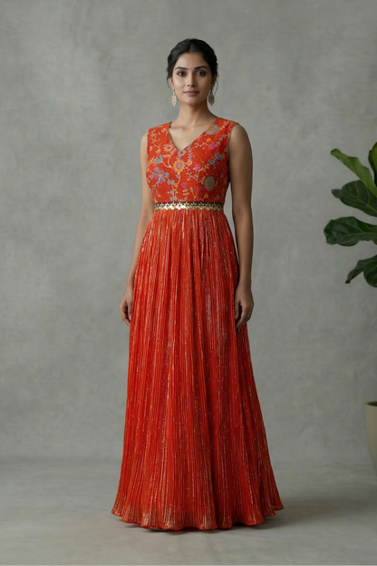 Floral Red Pleated Gown