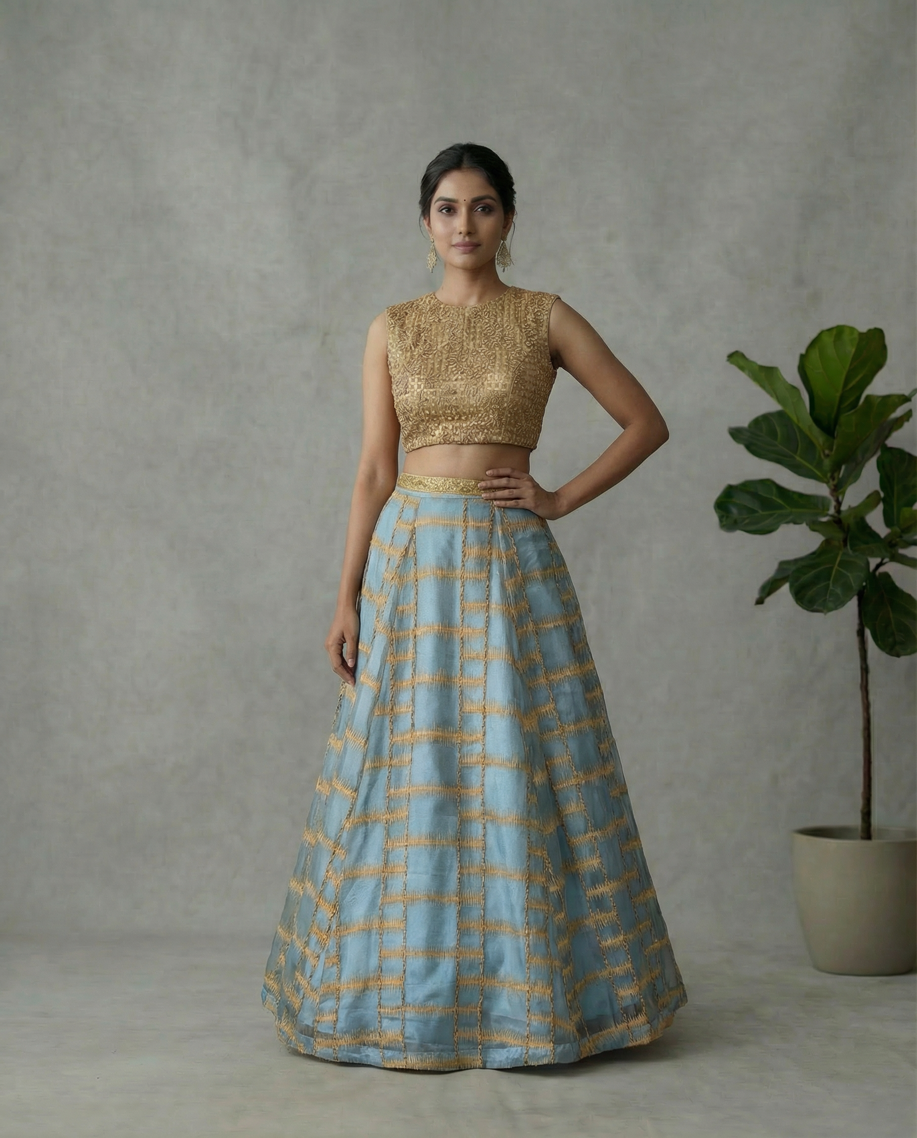 Powder Blue Skirt w/t Gold pattern blouse