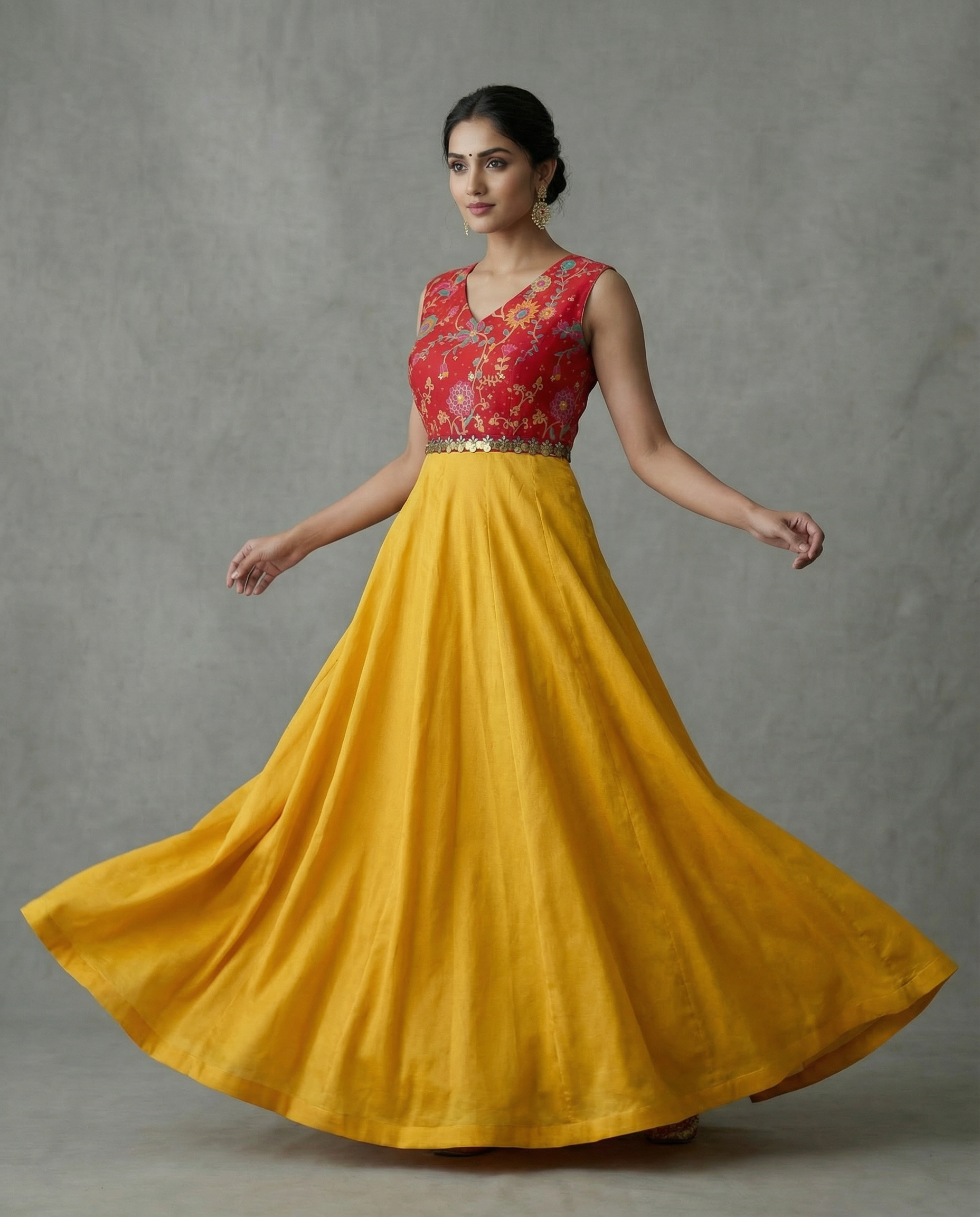 Red &amp; Yellow Floral Anarkali Dress