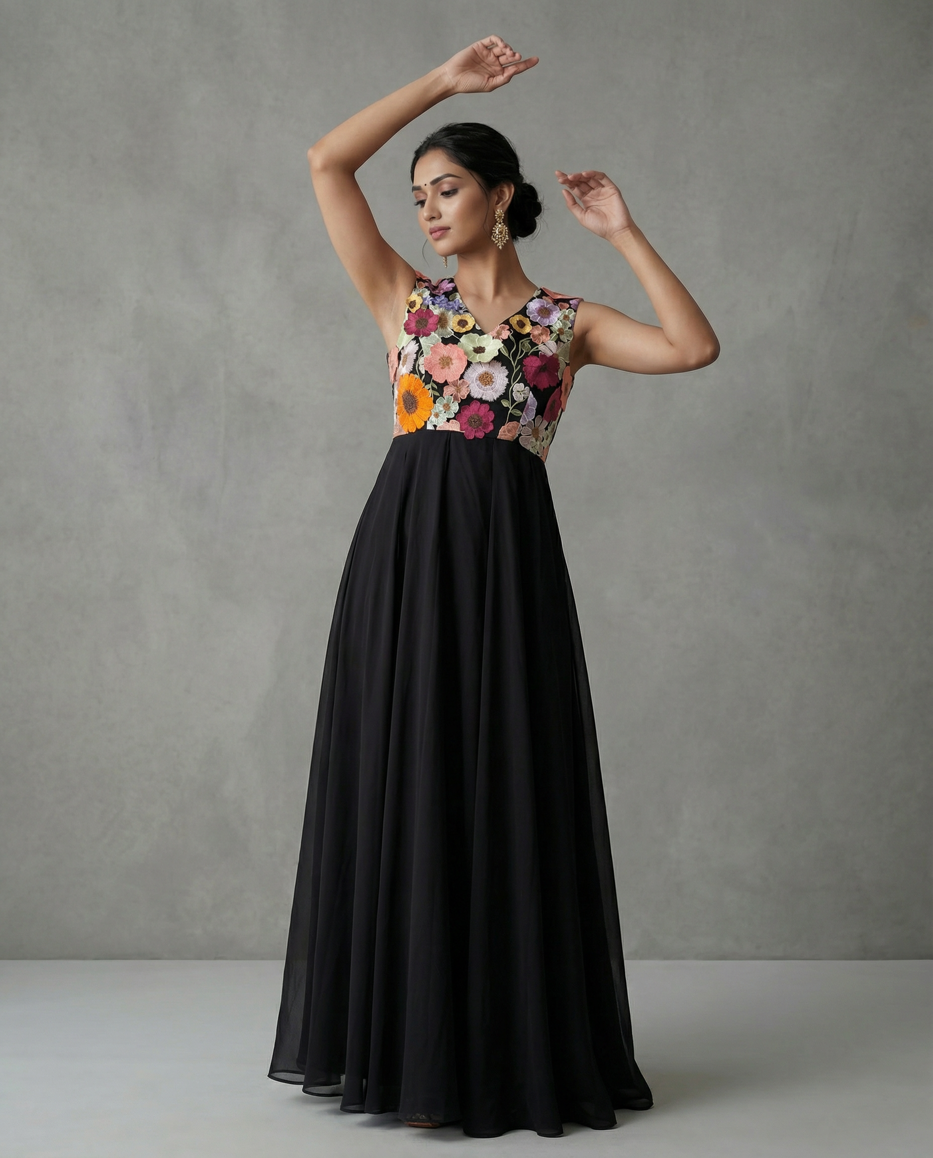 Black Floral Embroidered Anarkali Dress