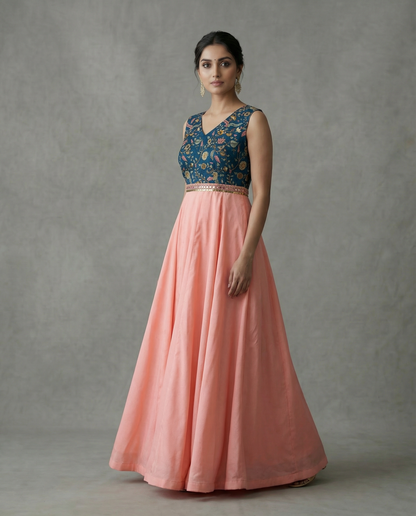 Peach &amp; Blue Floral Anarkali Dress