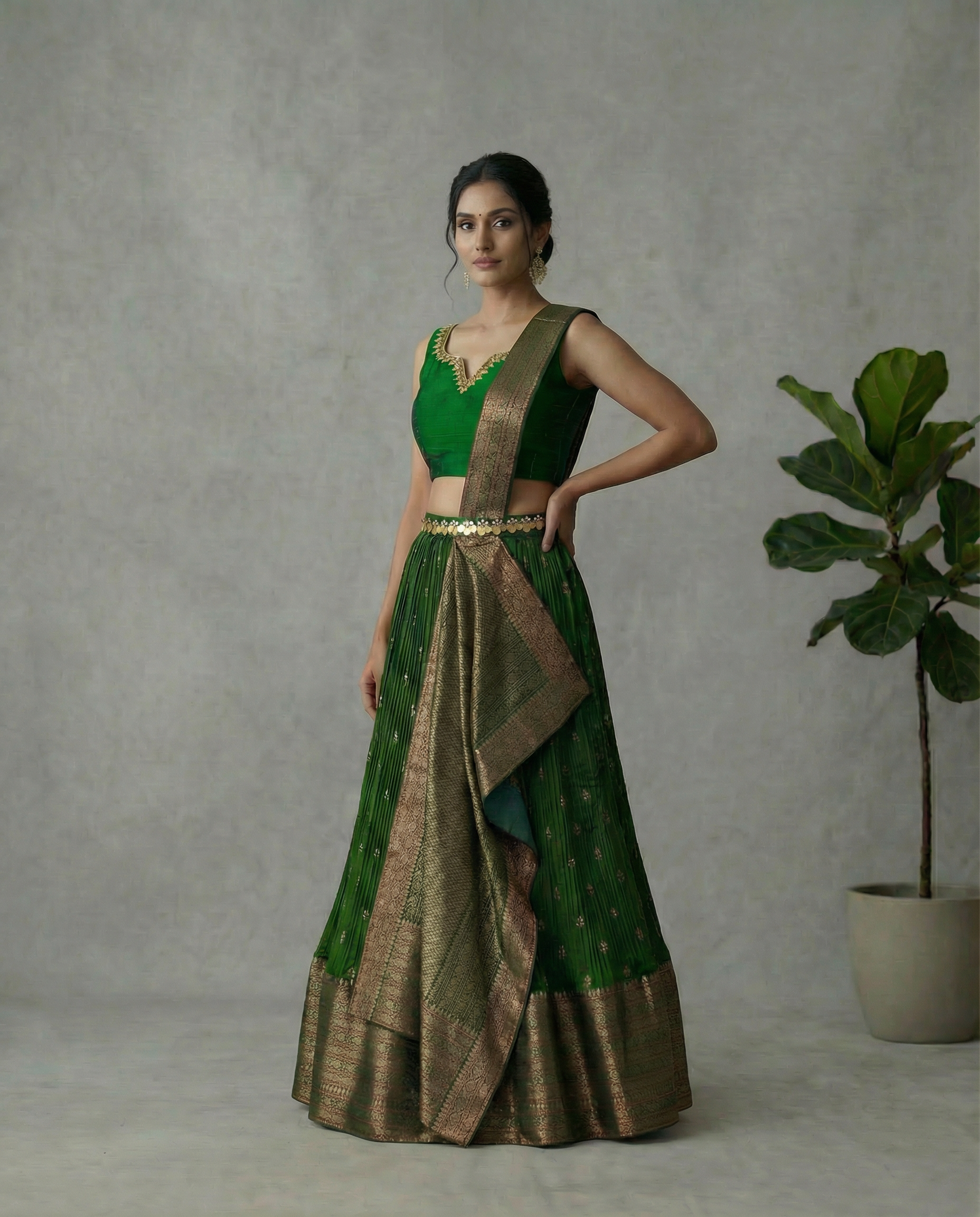 Emerald Green Pre Draped Lehenga Set