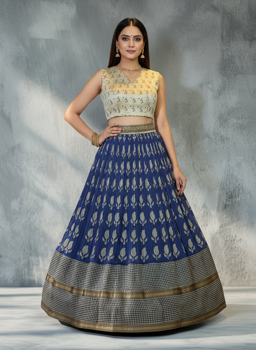 Hand Block Printed Indigo Crop Top Skirt