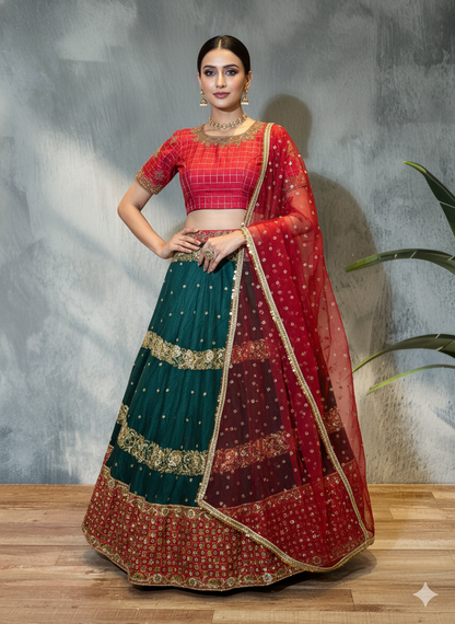 Emerald Green &amp; Red Heavy Embroidered Lehanga Set