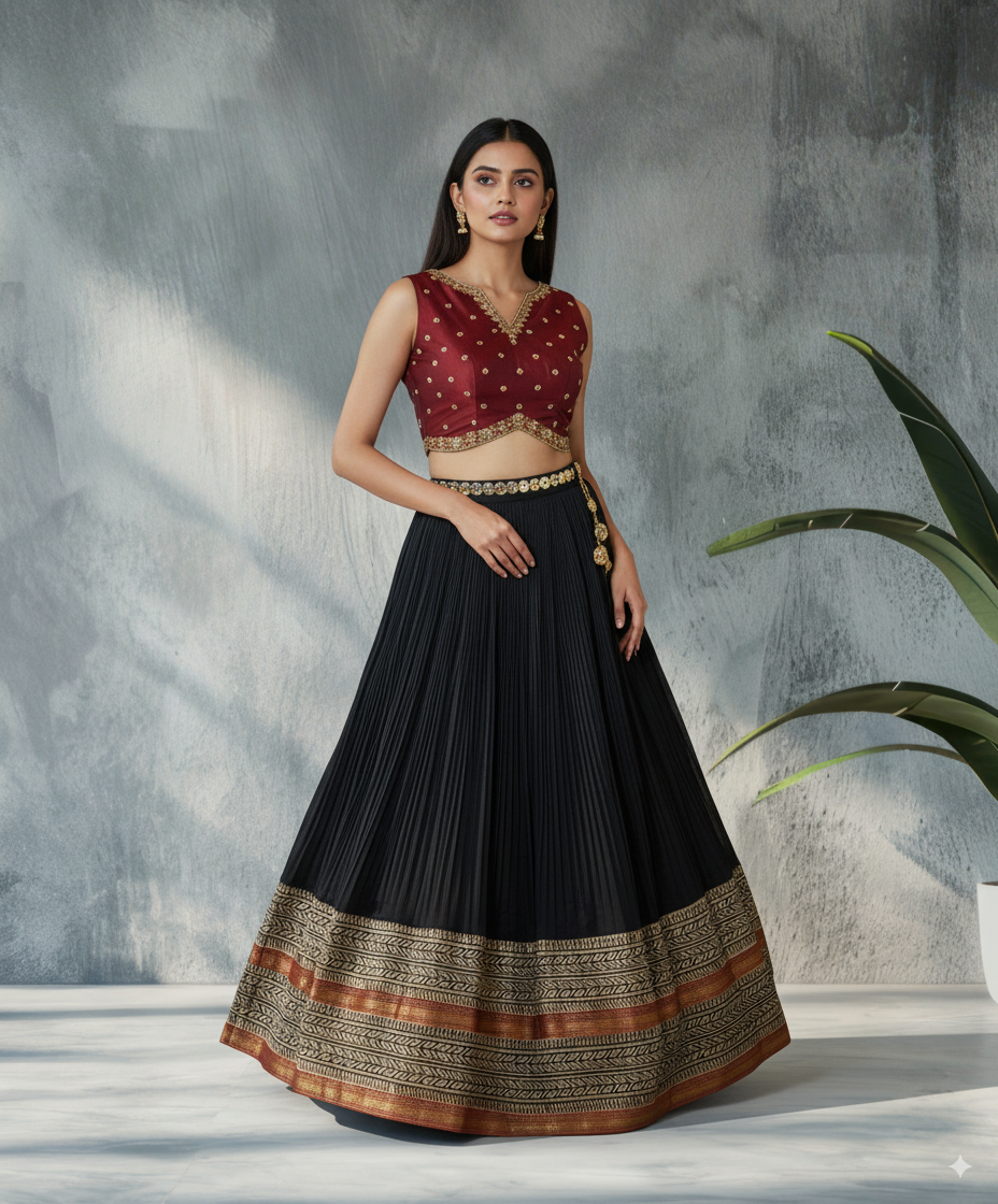 Classic Maroon &amp; Black Lehenga Set