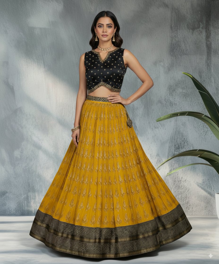 Yellow Printed Lehenga with Black Blouse