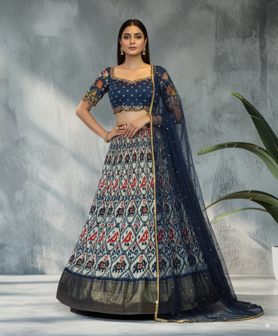 Navy Blue Ikat Print Lehenga with Pen Kalamkari Blouse