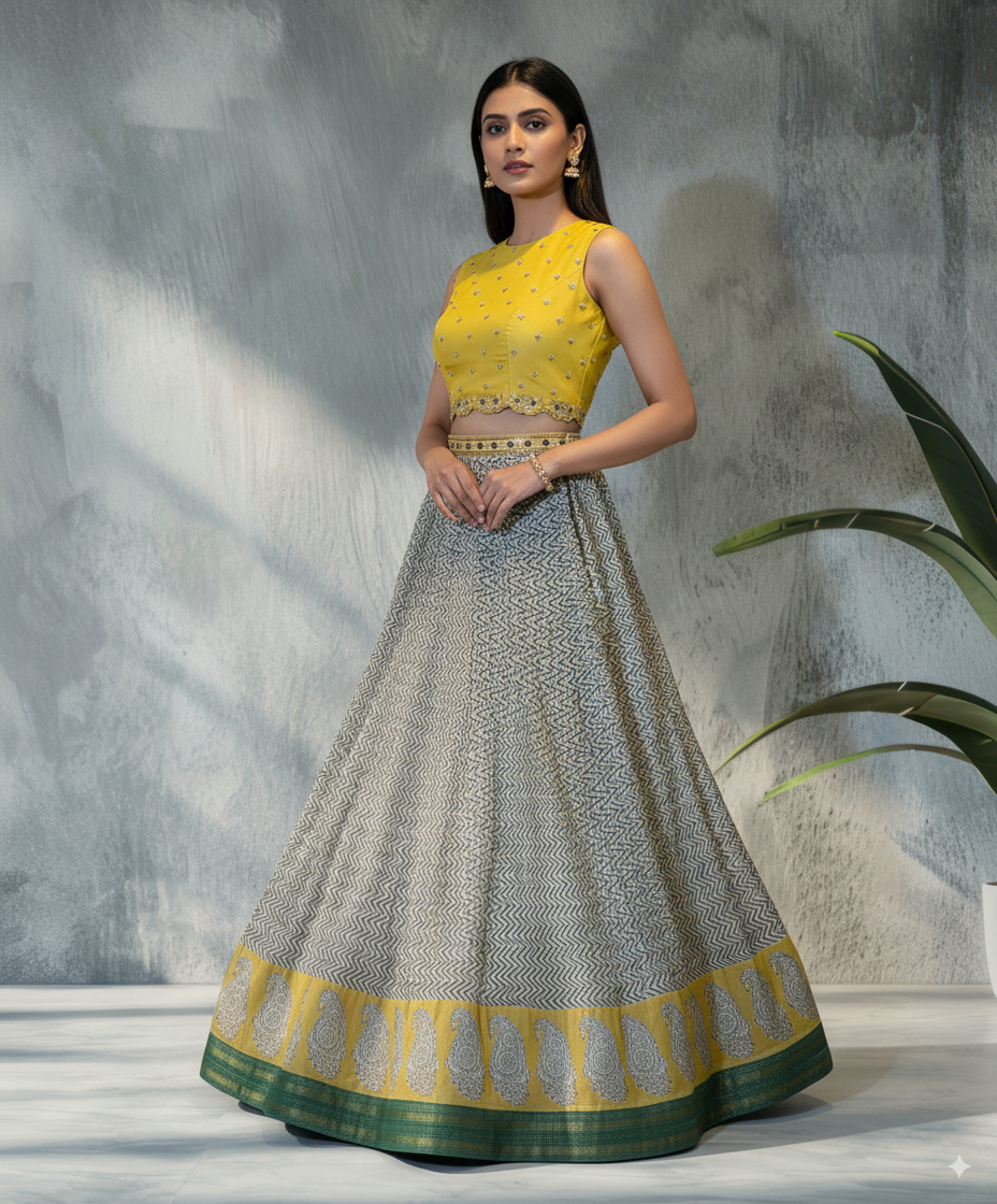 Yellow Embellished Crop Top with Printed Skirt