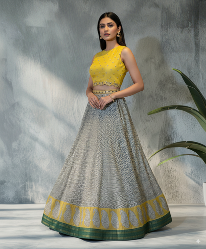 Yellow Embellished Crop Top with Printed Skirt