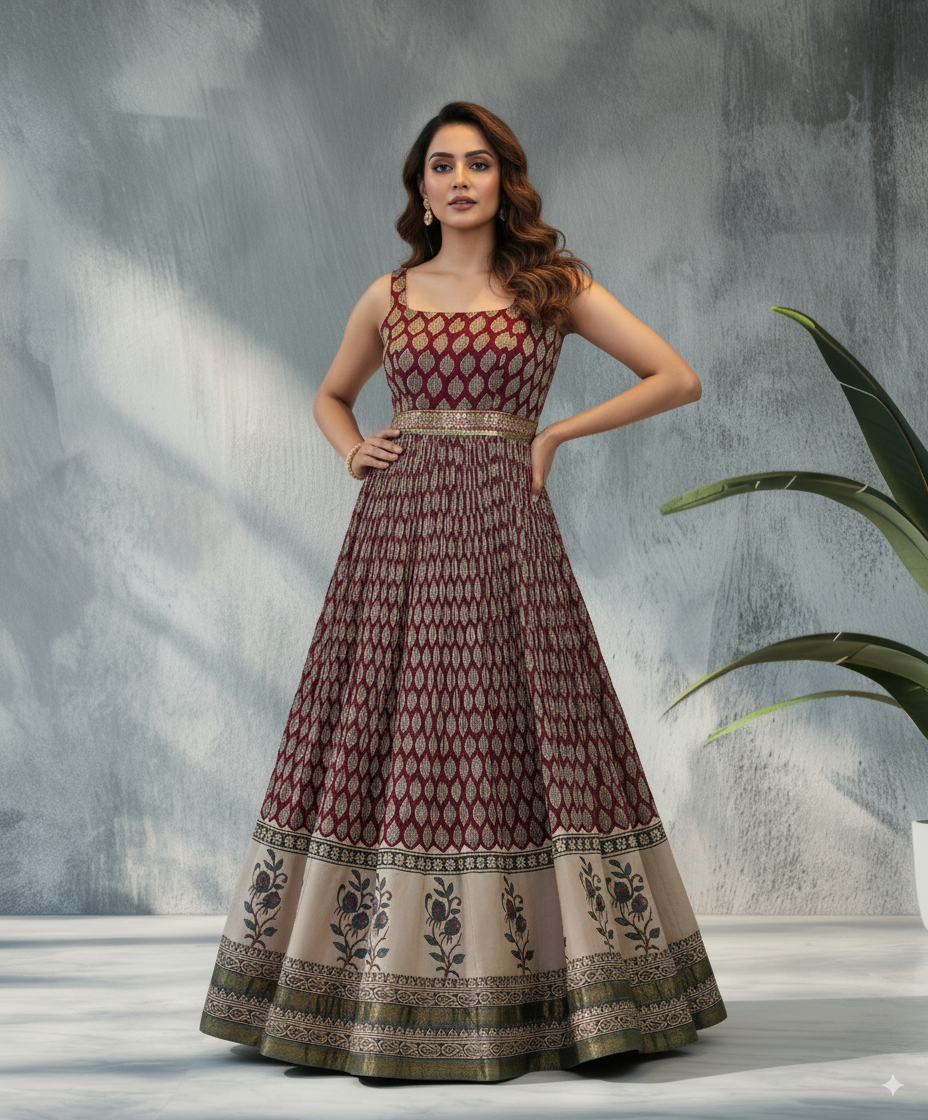 Maroon Gold Block Print Anarkali Gown