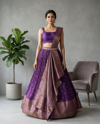 Purple Banarasi Pre Draped Lehenga Set