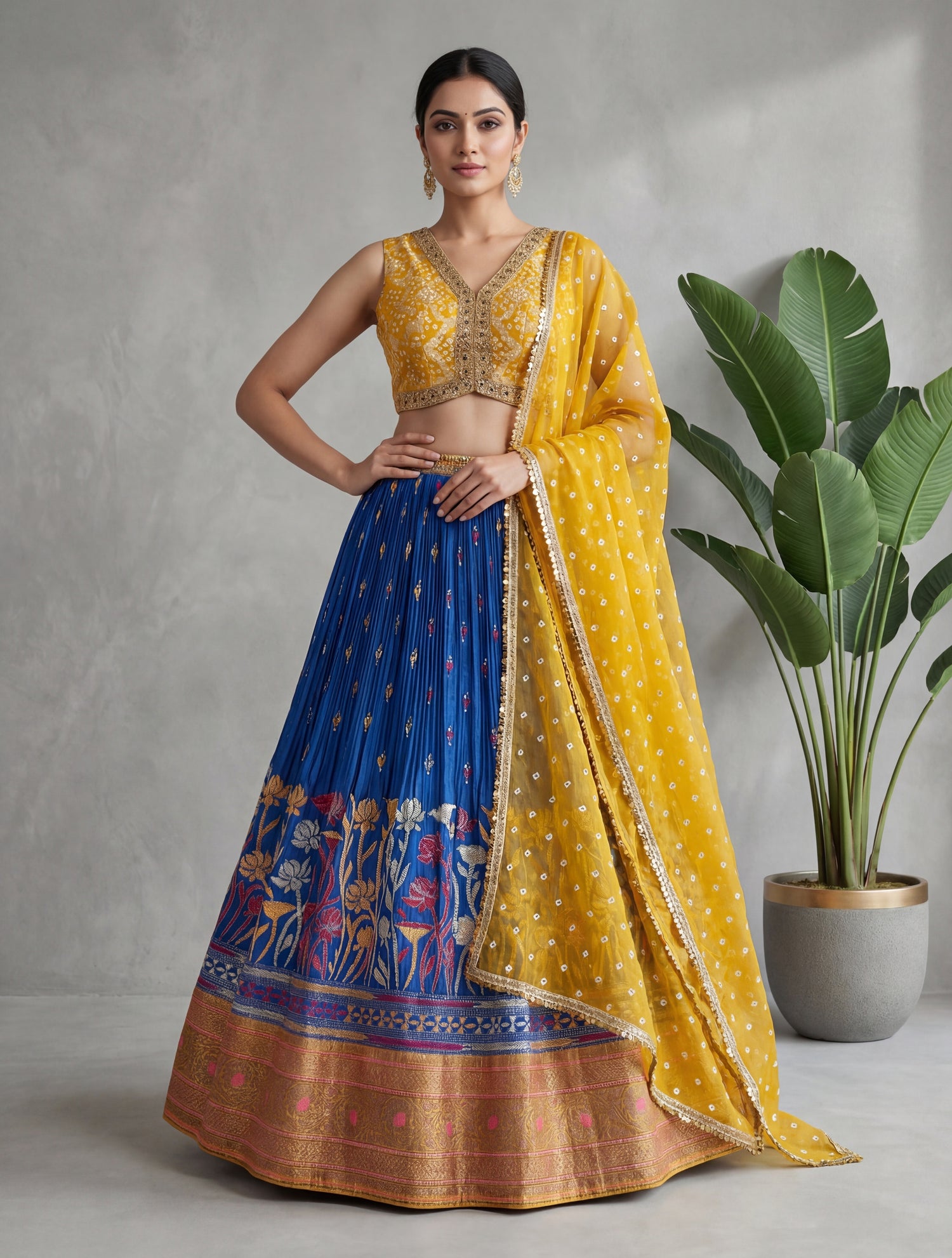 Yellow Bandhani Blouse &amp; Kantha Embroidered Lehenga Set