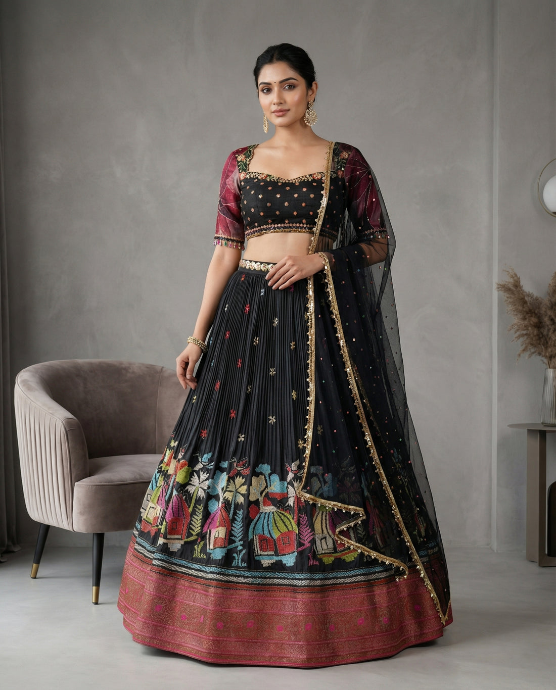 Black Kantha Embroidered Lehenga Set