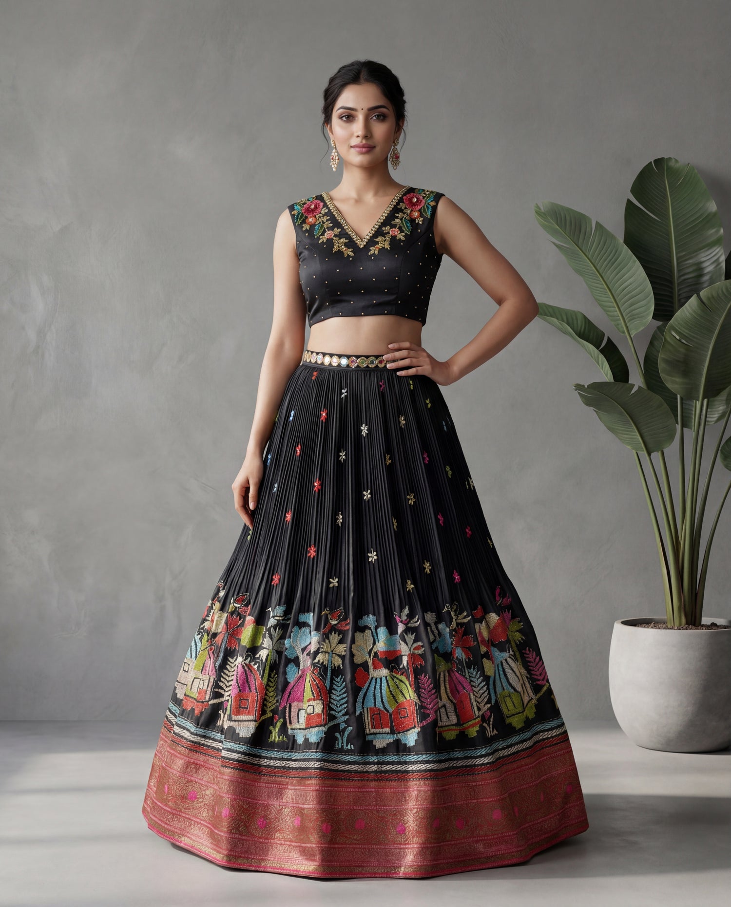 Black Kantha Embroidered Crop Top Skirt