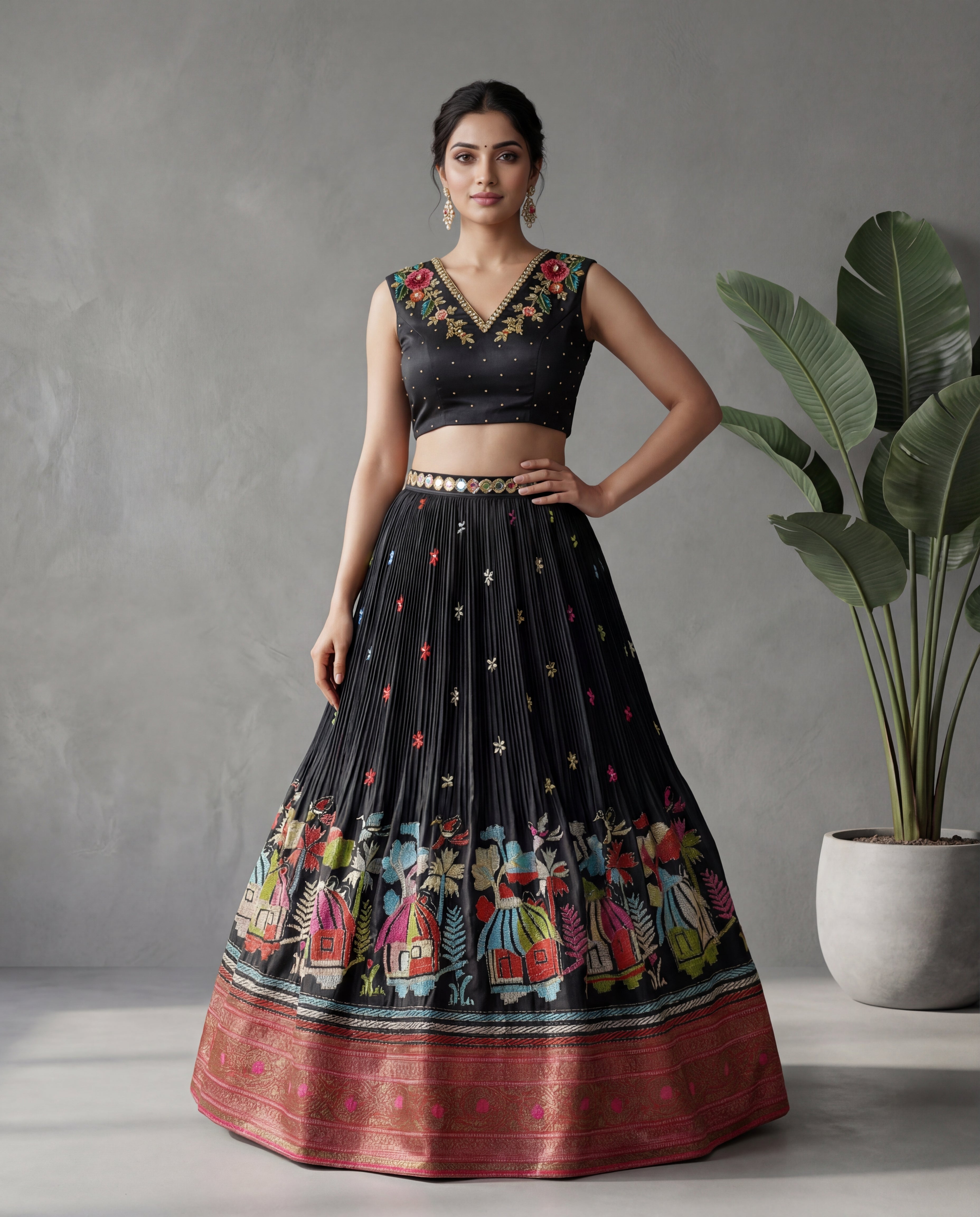 Black Kantha Embroidered Crop Top Skirt
