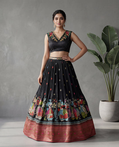 Black Kantha Embroidered Crop Top Skirt