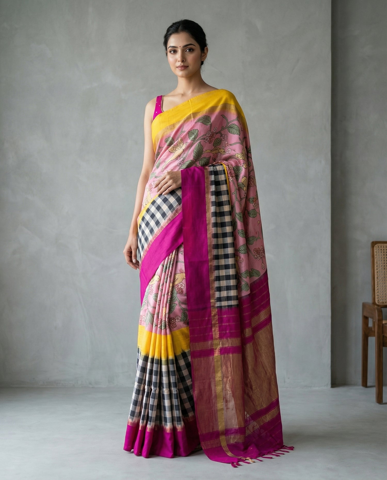 Pure Handloom Ikkat X Pen Kalamkari - Pink &amp; Yellow Checkered Saree