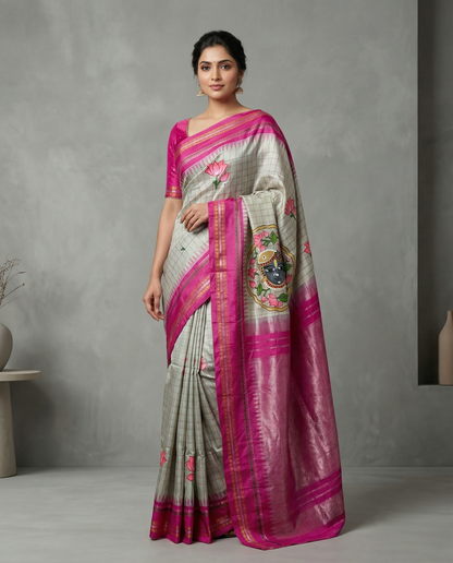 Pure Handloom Gadwal X Hand Painting - Soft Pink &amp; Beige