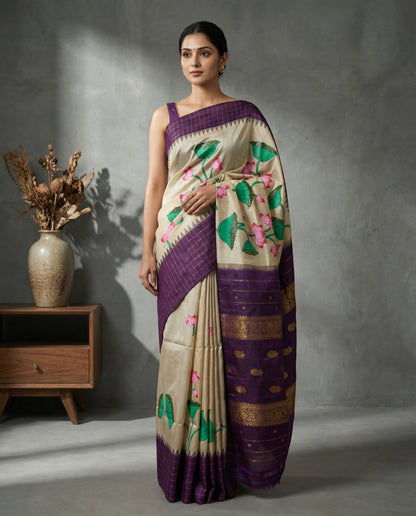 Handloom Gadwal - Elegant Lotus Hand-Painted Silk Saree