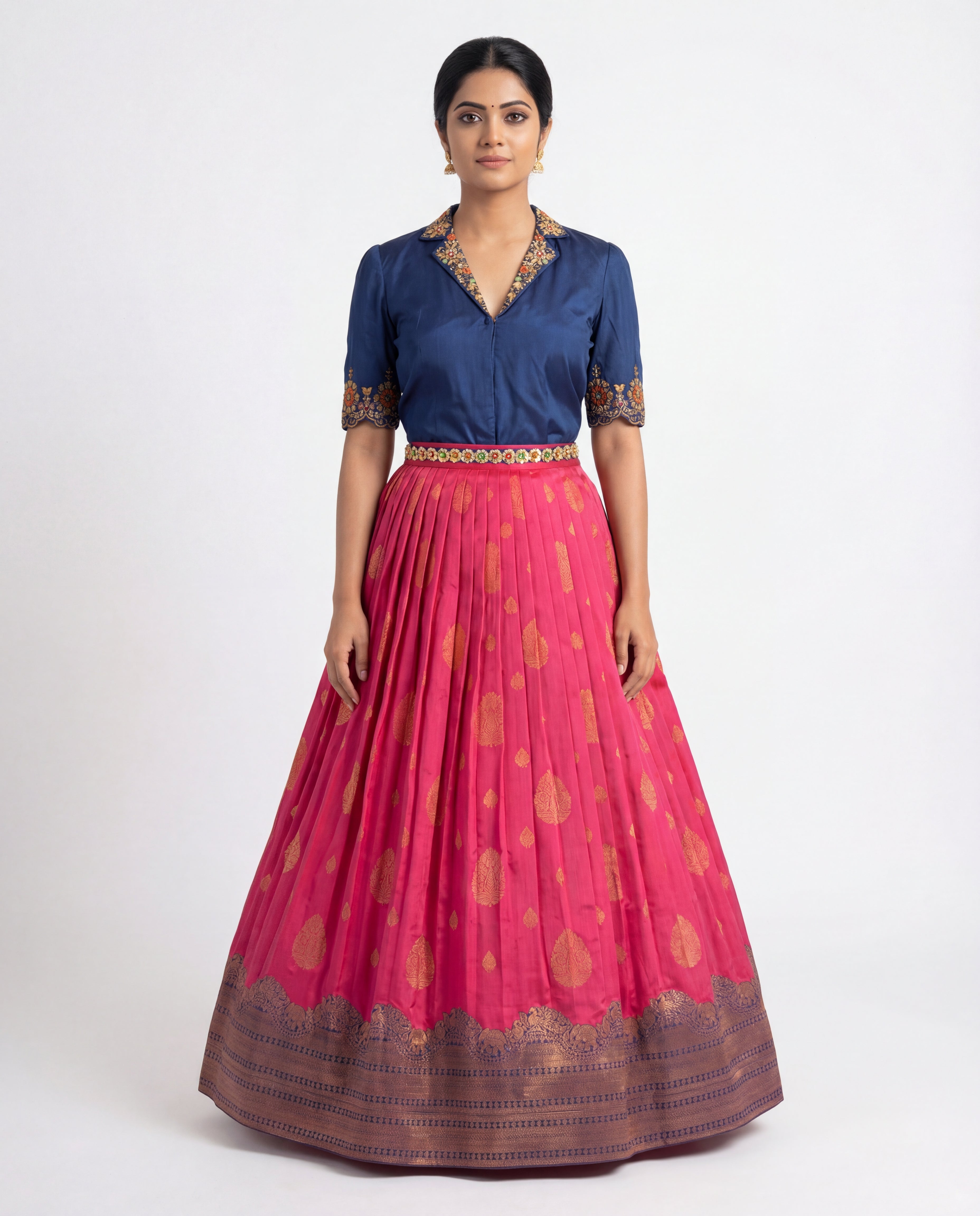 Navy Blue &amp; Pink Silk Lehenga Set