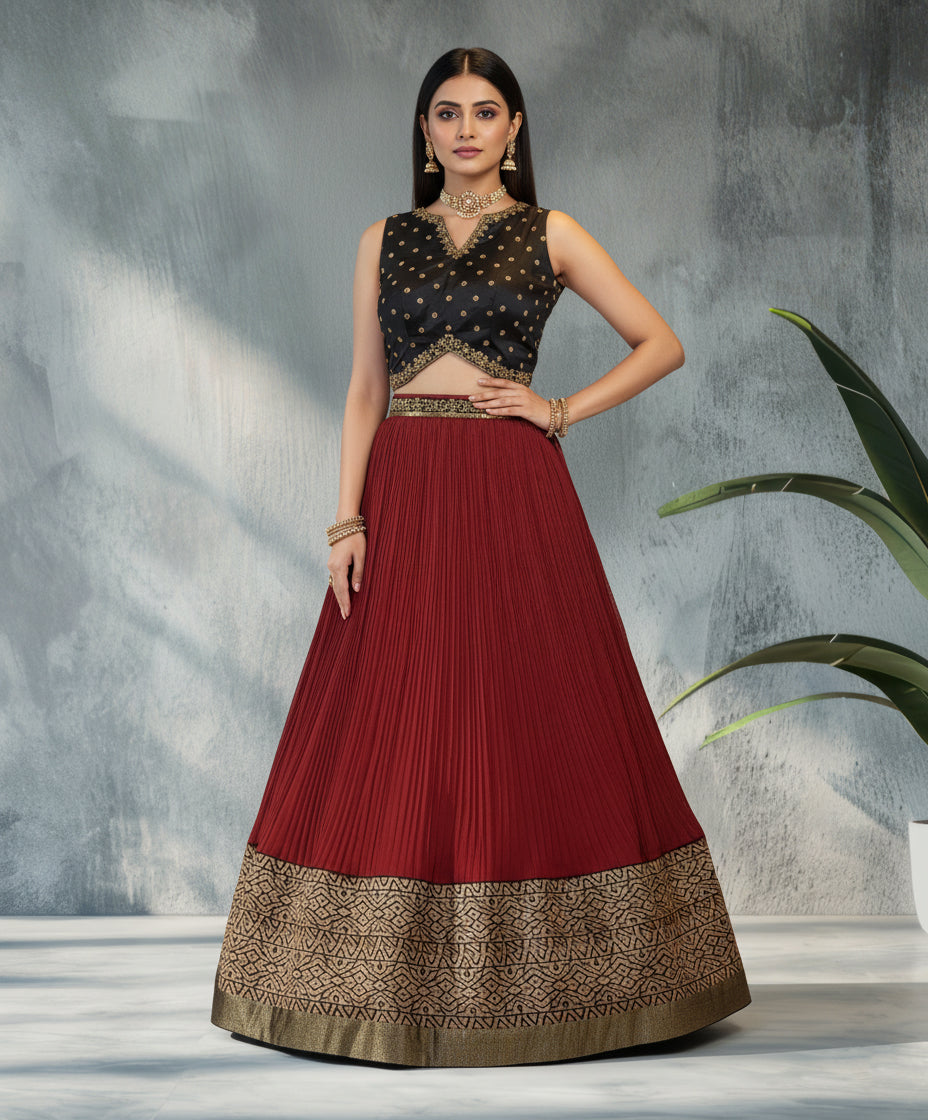 Midnight Black &amp; Maroon Crop top Skirt