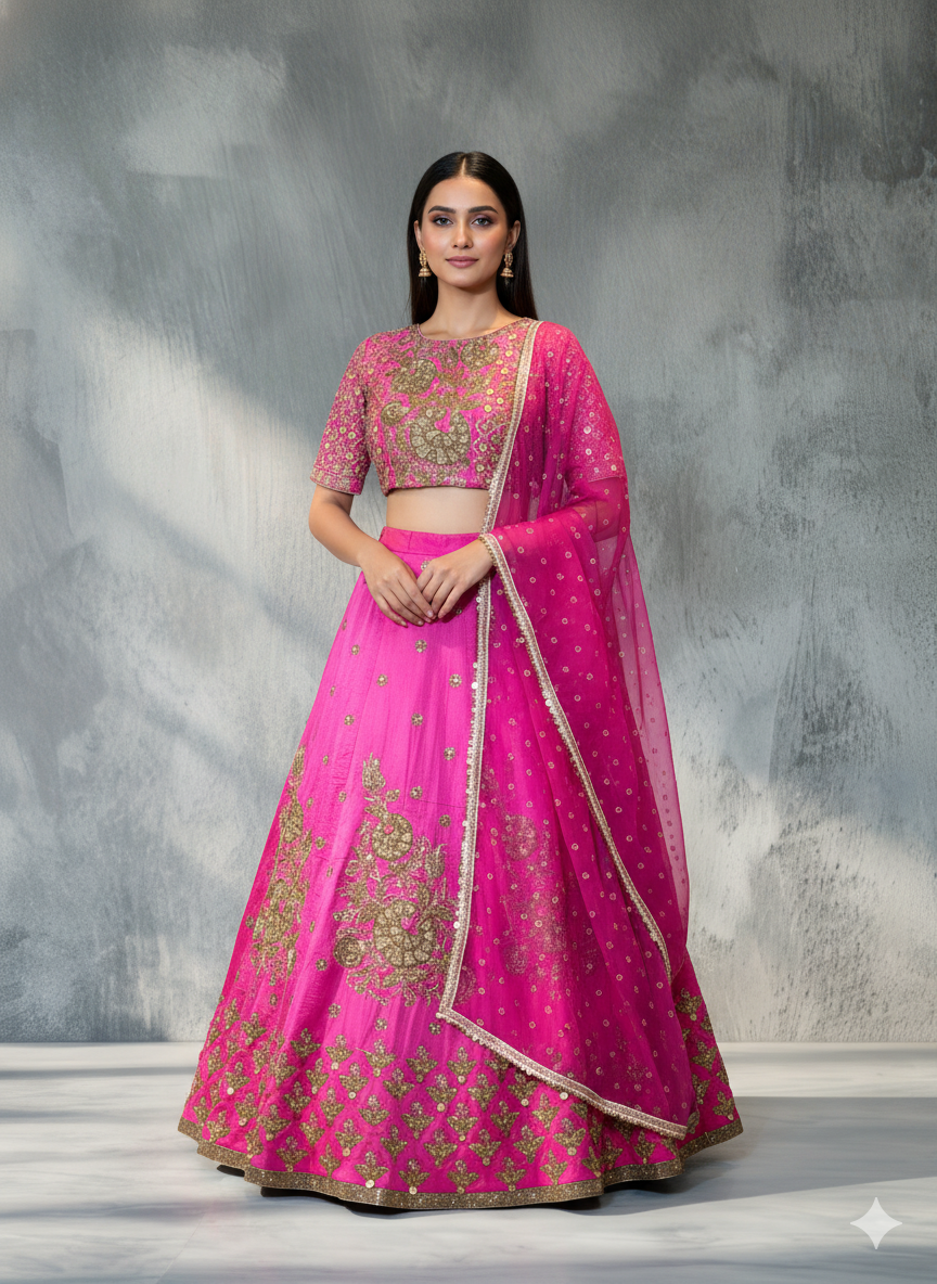 Heavy Hand Embroidered Lehanga Set - Rani Pink