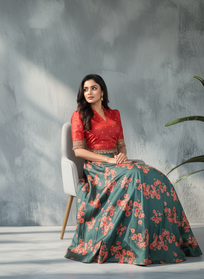 Floral Charm Green &amp; Red Lehenga