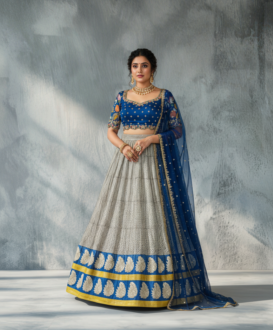 Beige Checked Lehanga Set with Blue Floral Motif Border