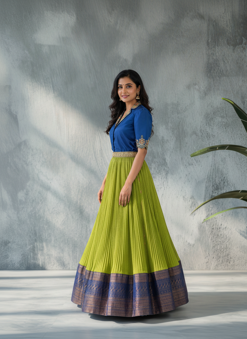 Regal Blue &amp; Lime Green Silk Lehenga