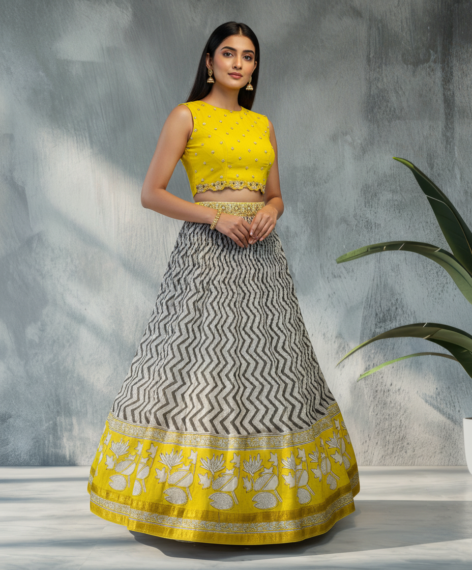 Chevron Print Skirt with Mustard Lotus Zari Border