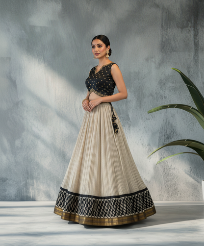 Beige Skirt with Black Leaf Motif Border