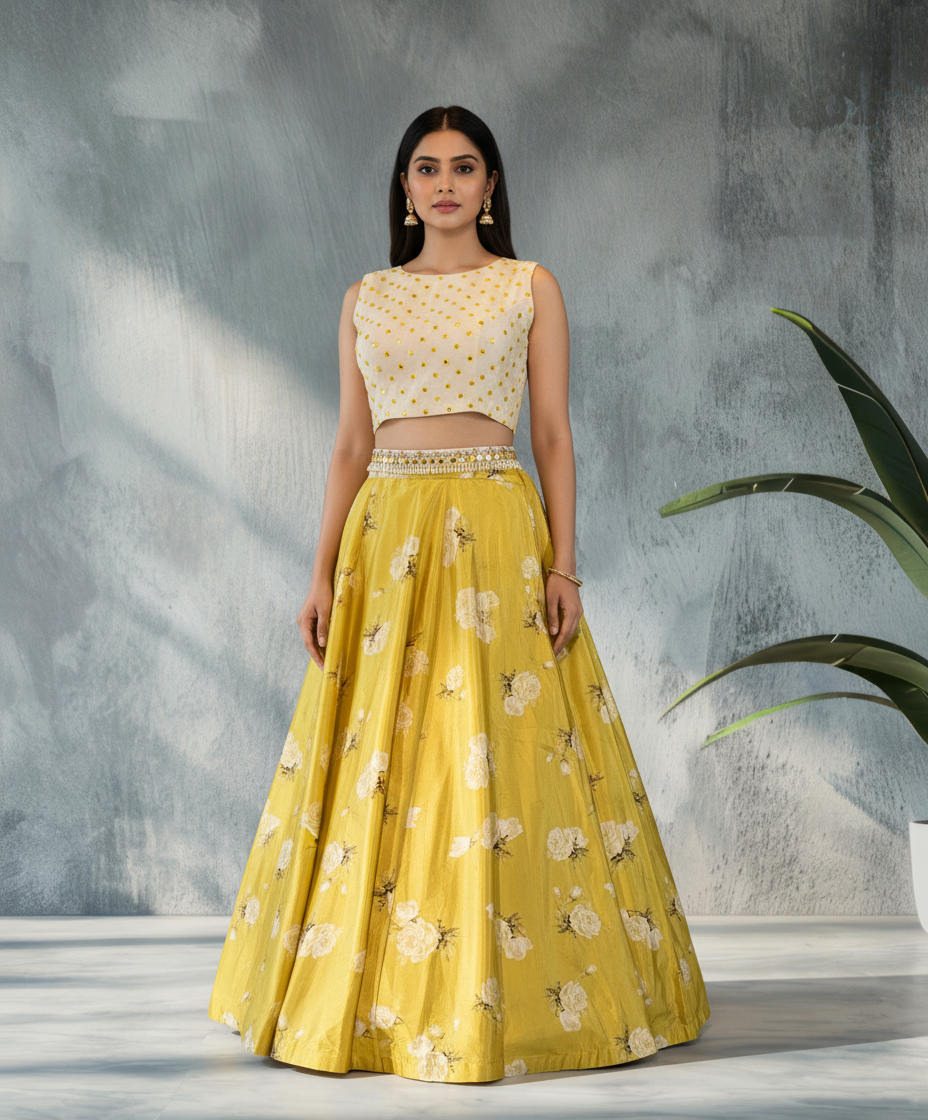 Sunny Yellow Floral Lehenga with Embellished White Blouse