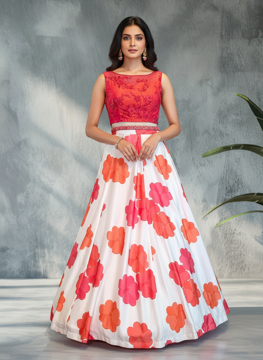 Vibrant Pink &amp; White Floral Lehenga with Embroidered Blouse