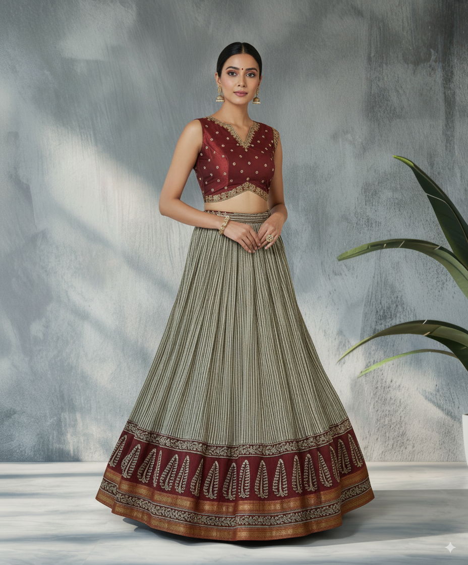 Elegant Maroon &amp; Beige Lehenga Set