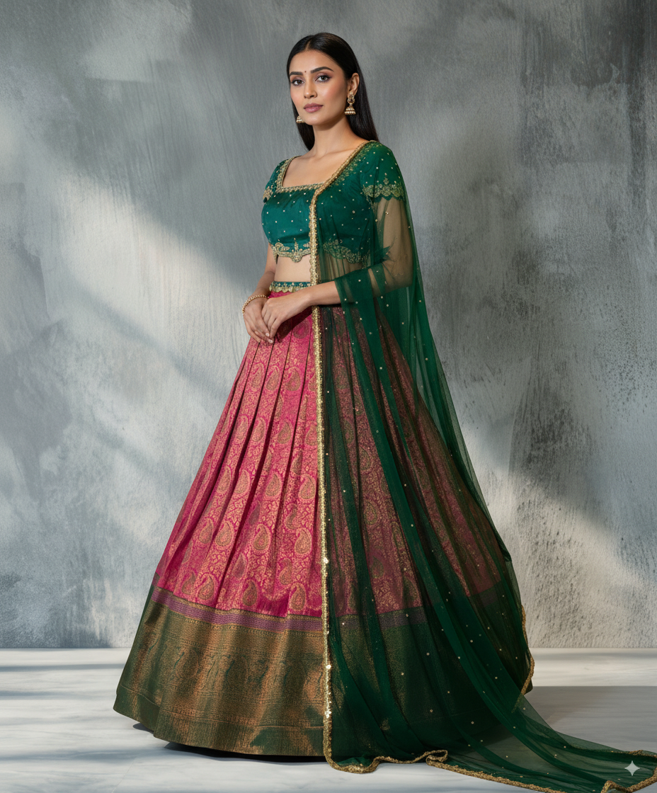 Royal Green &amp; Pink Kanchipuram Lehenga Set
