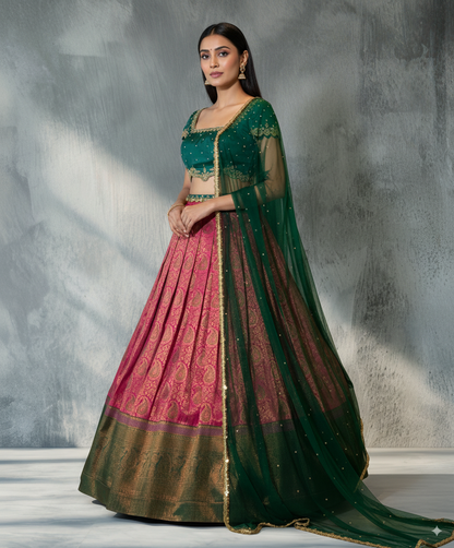 Royal Green &amp; Pink Kanchipuram Lehenga Set