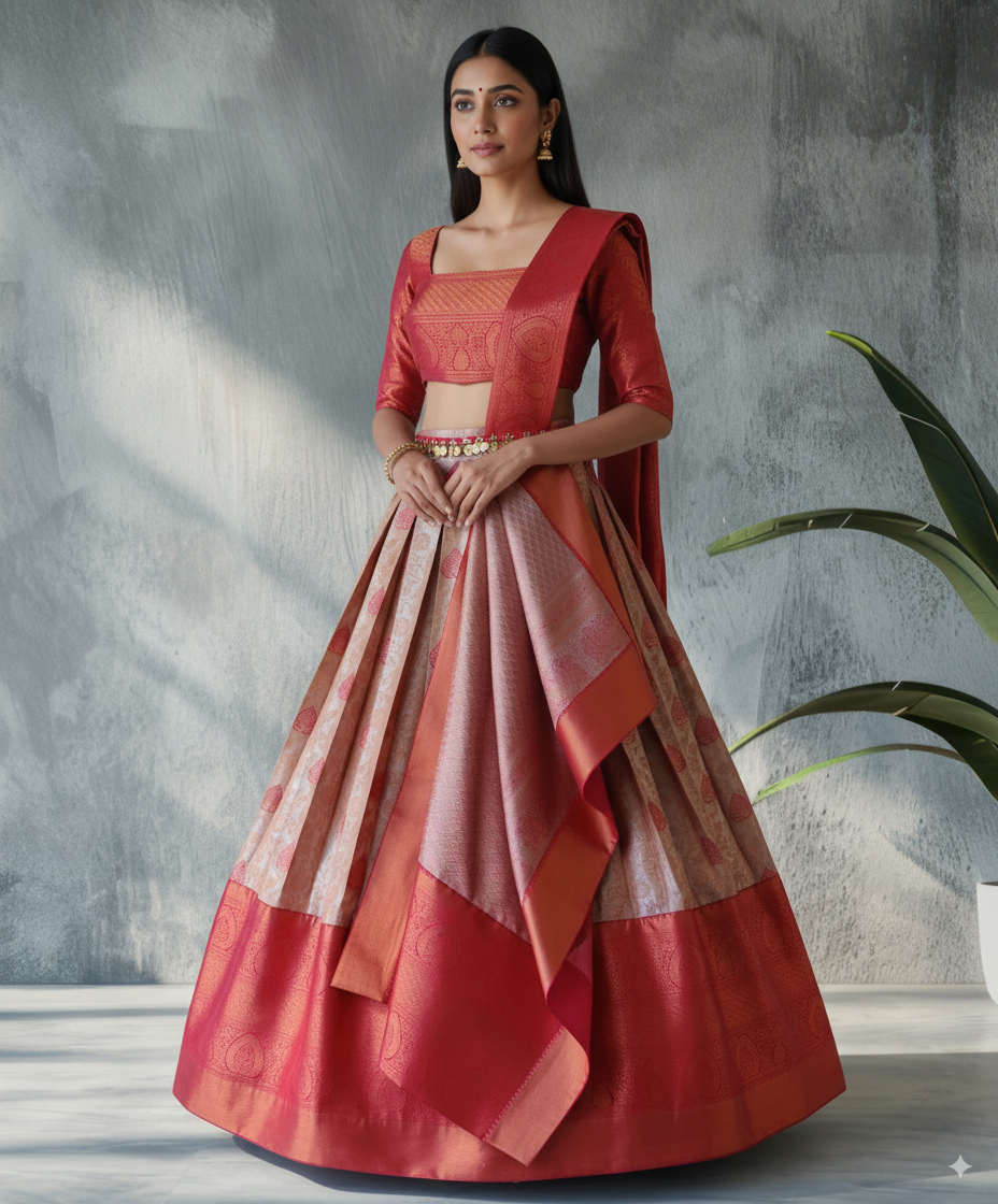 Pinkish Grey &amp; Red Pre-Draped Lehanga Set
