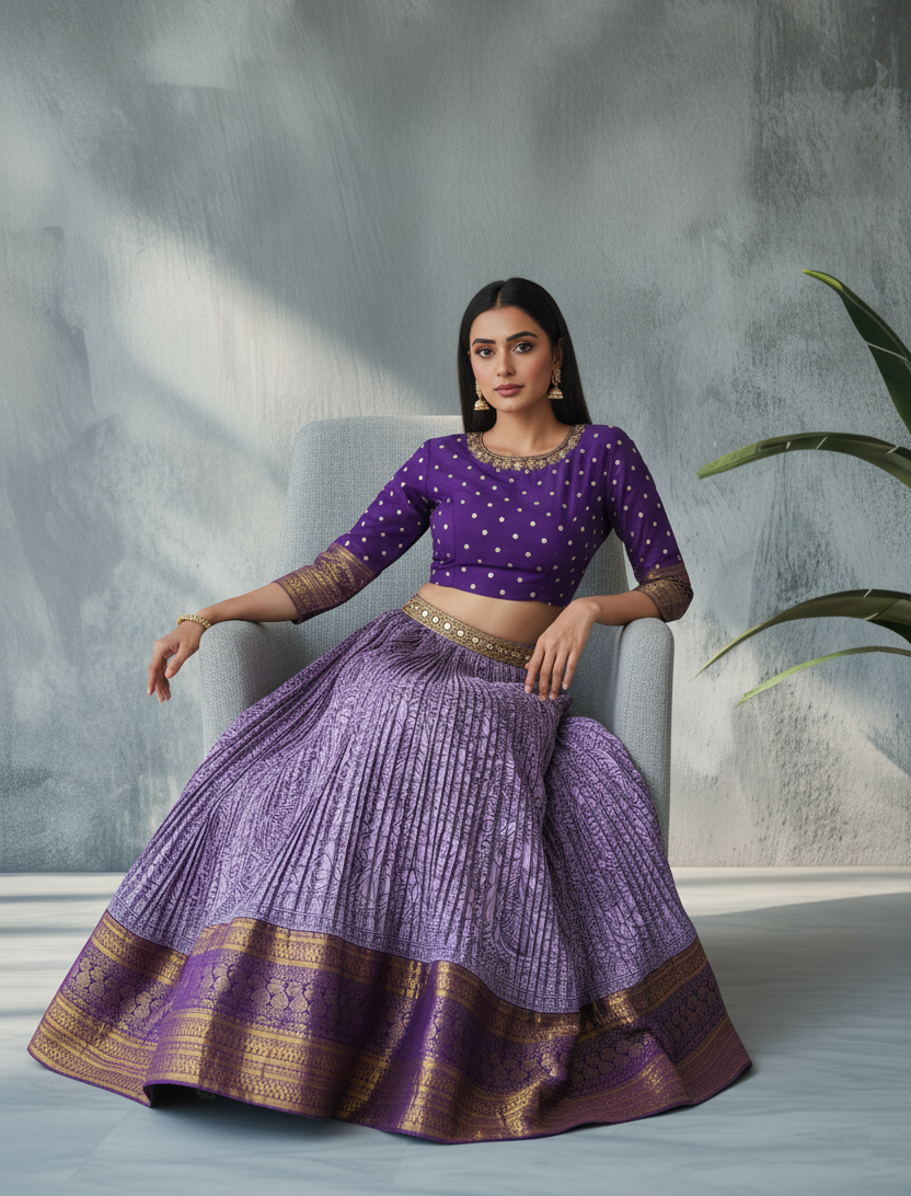 Blue Kalamkari Printed Crop Top Skirt
