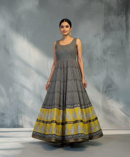 Elegant Black Anarkali with Mustard Yellow Border