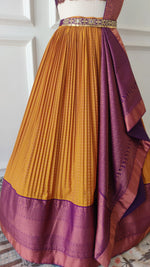 Load image into Gallery viewer, Mustard Yellow &amp; Purple Pre-Draped Lehanga Set
