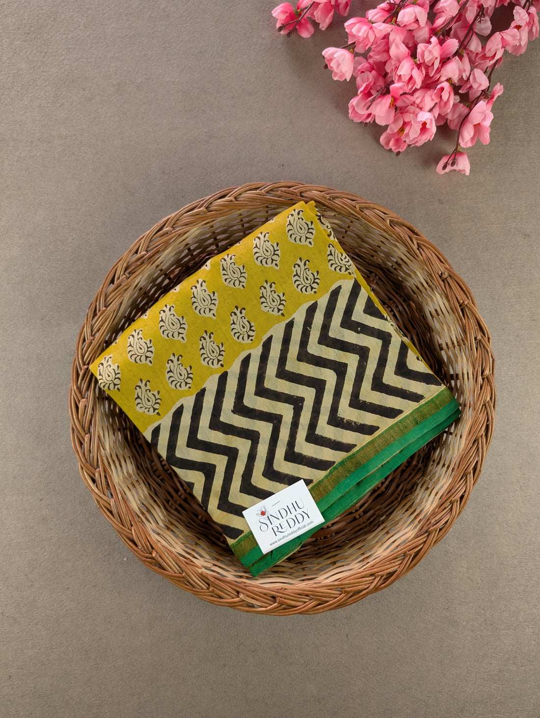Hand Block Printed Maheshwari Silk - Yellow w/t Black