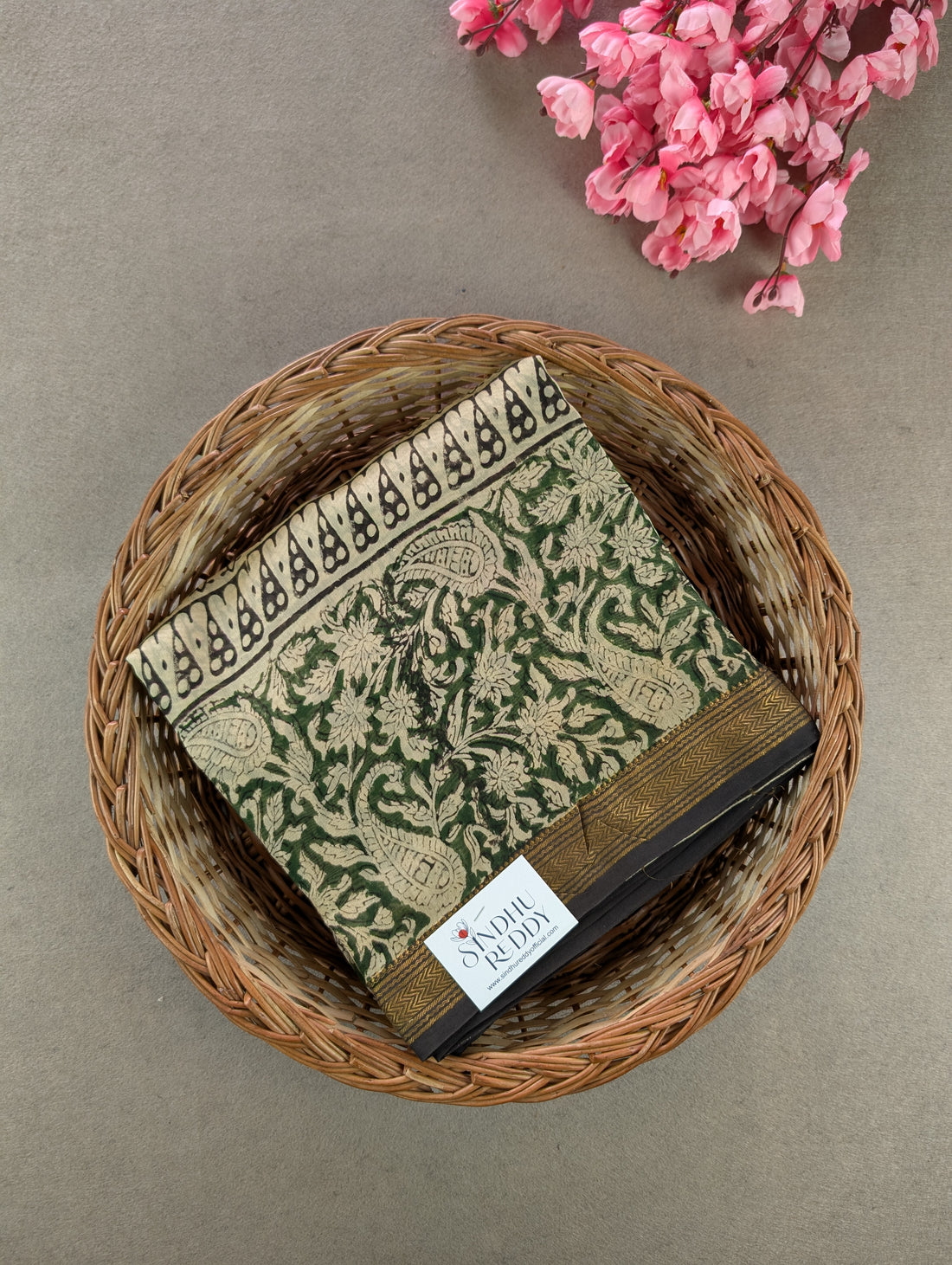 Hand Block Printed Maheshwari Silk - Mustard Yellow w/t Green