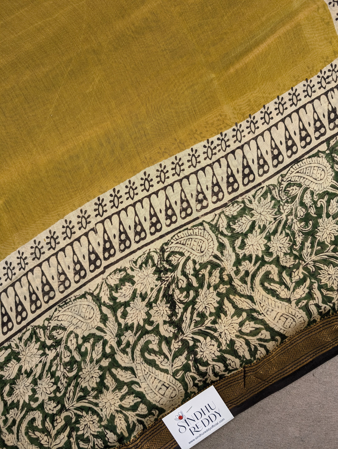Hand Block Printed Maheshwari Silk - Mustard Yellow w/t Green