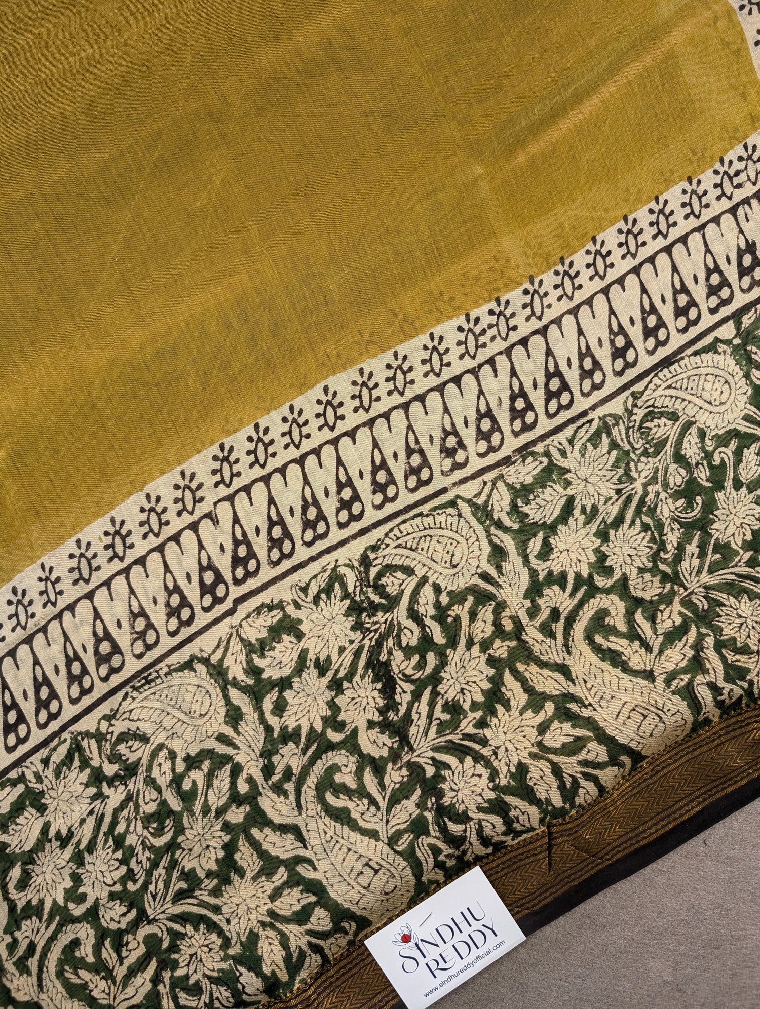 Hand Block Printed Maheshwari Silk - Mustard Yellow w/t Green