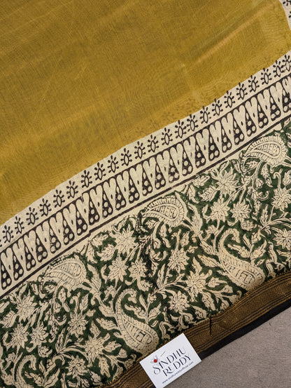 Hand Block Printed Maheshwari Silk - Mustard Yellow w/t Green