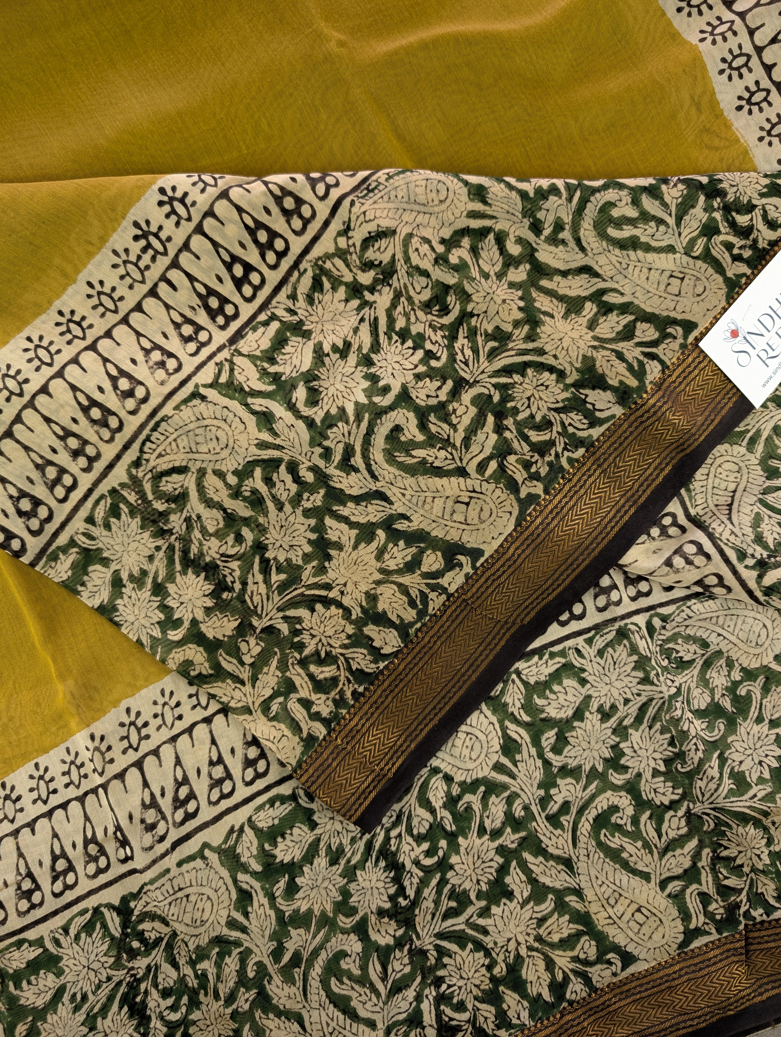 Hand Block Printed Maheshwari Silk - Mustard Yellow w/t Green