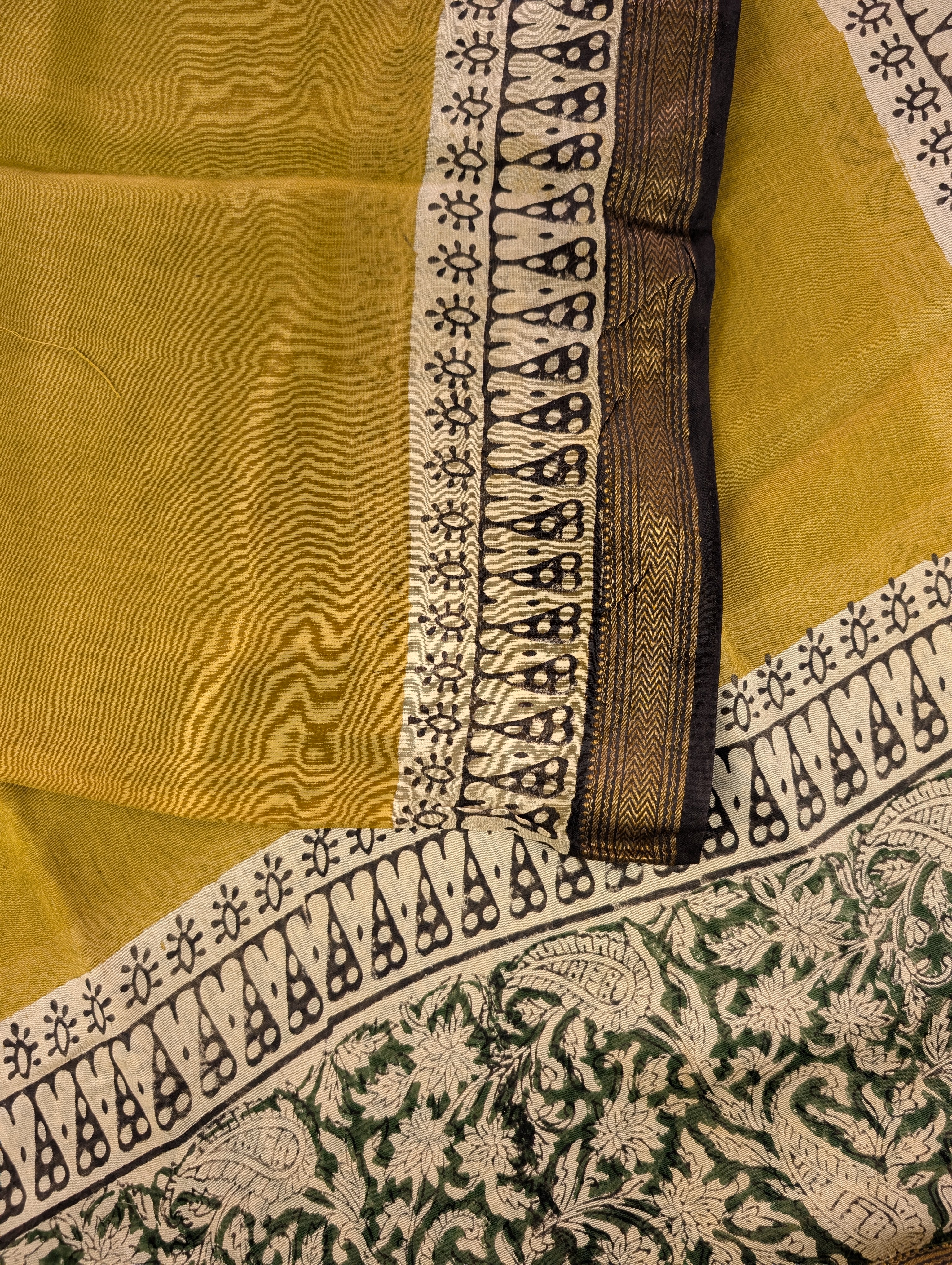 Hand Block Printed Maheshwari Silk - Mustard Yellow w/t Green