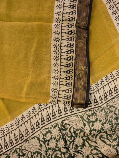 Hand Block Printed Maheshwari Silk - Mustard Yellow w/t Green