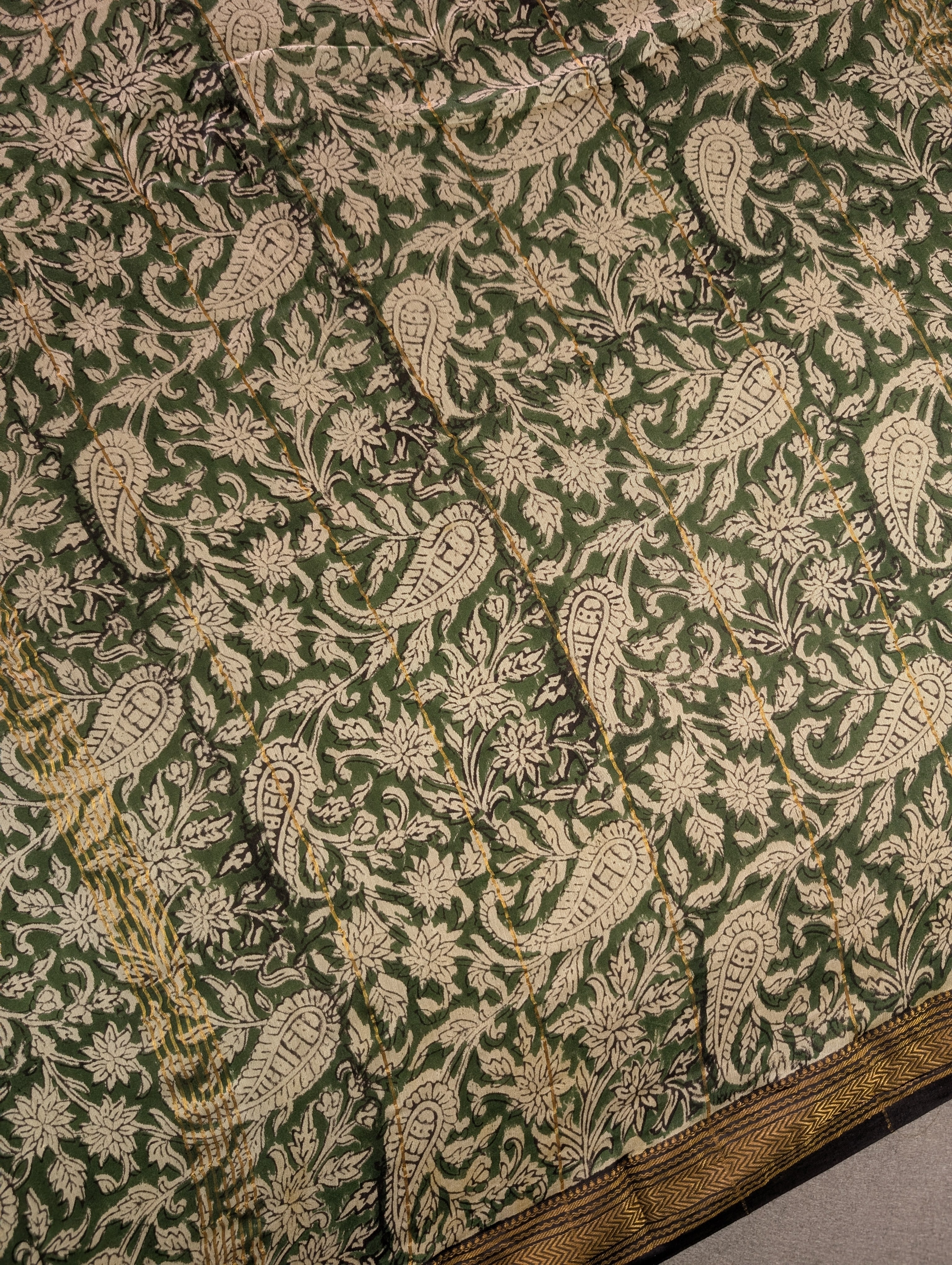 Hand Block Printed Maheshwari Silk - Mustard Yellow w/t Green