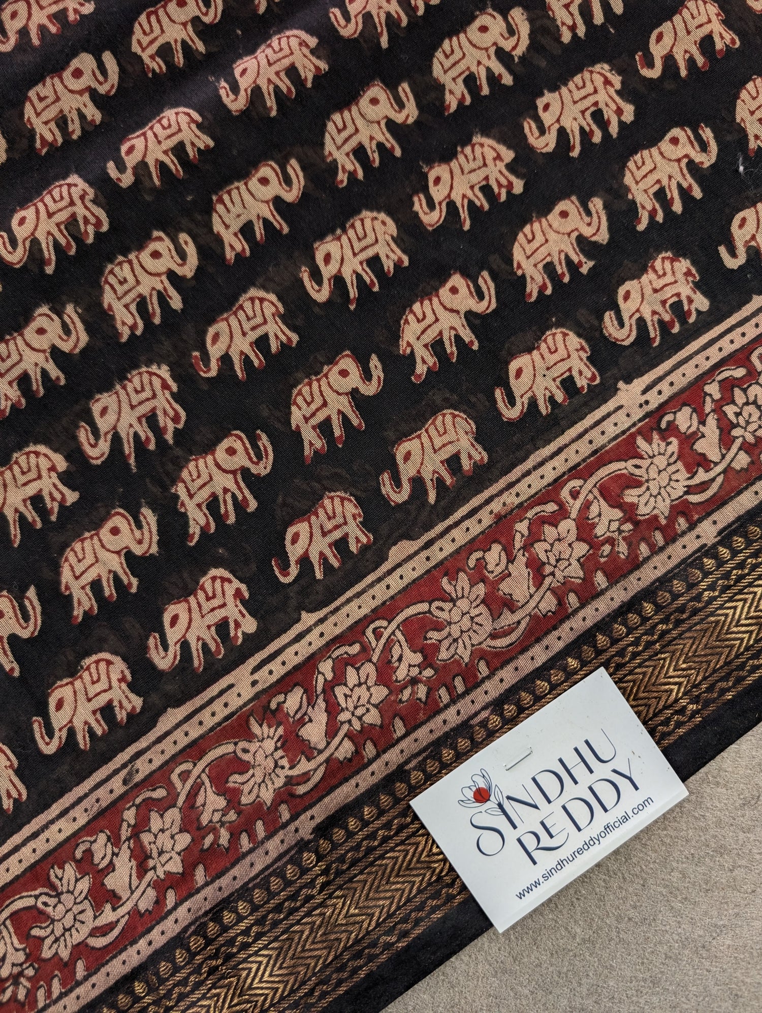 Hand Block Printed Maheshwari Silk - Black w/t Red